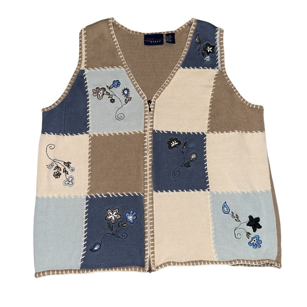 Patchwork Knit Vest with Floral Embroidery